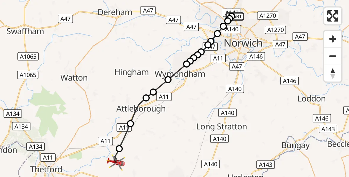 Flight route Air Ambulance Helicopter Norwich Airport - East Harling, 31 May 2026, 17:27