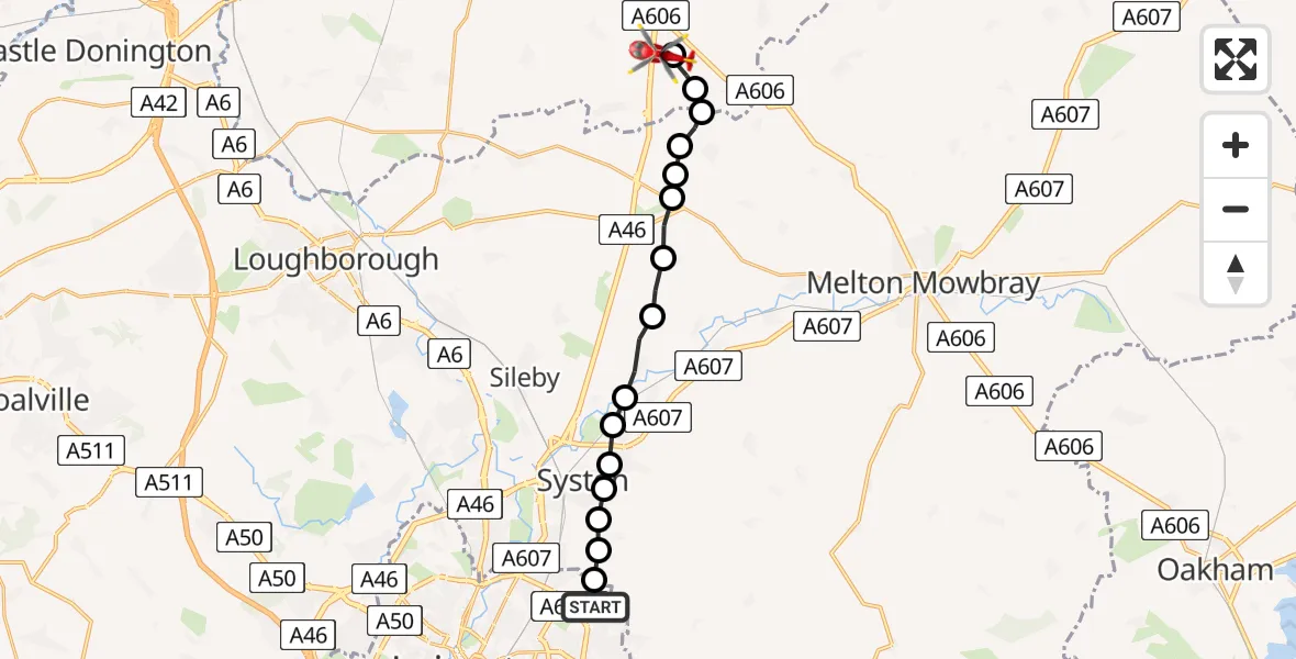 Flight route Air Ambulance Helicopter Hamilton - Nottingham Heliport, 31 May 2026, 17:36