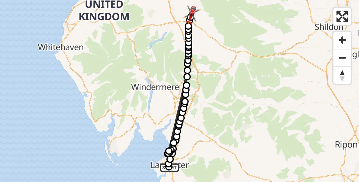 Flight route Air Ambulance Helicopter Lancaster General - Langwathby, 31 May 2026, 17:37