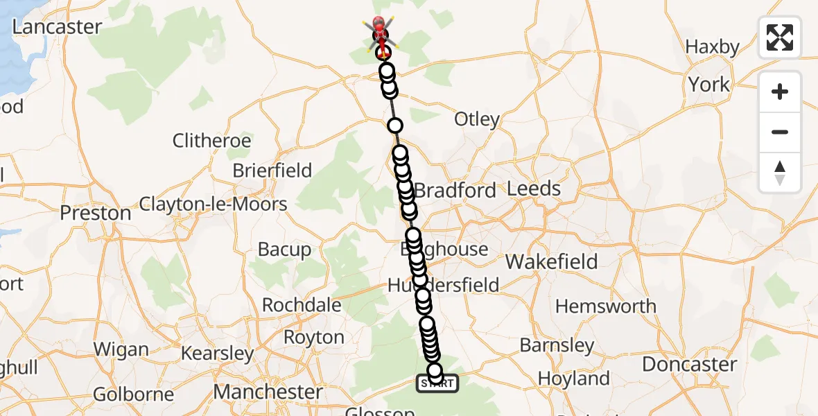 Flight route Air Ambulance Helicopter Tintwistle - Barden, 31 May 2026, 17:42