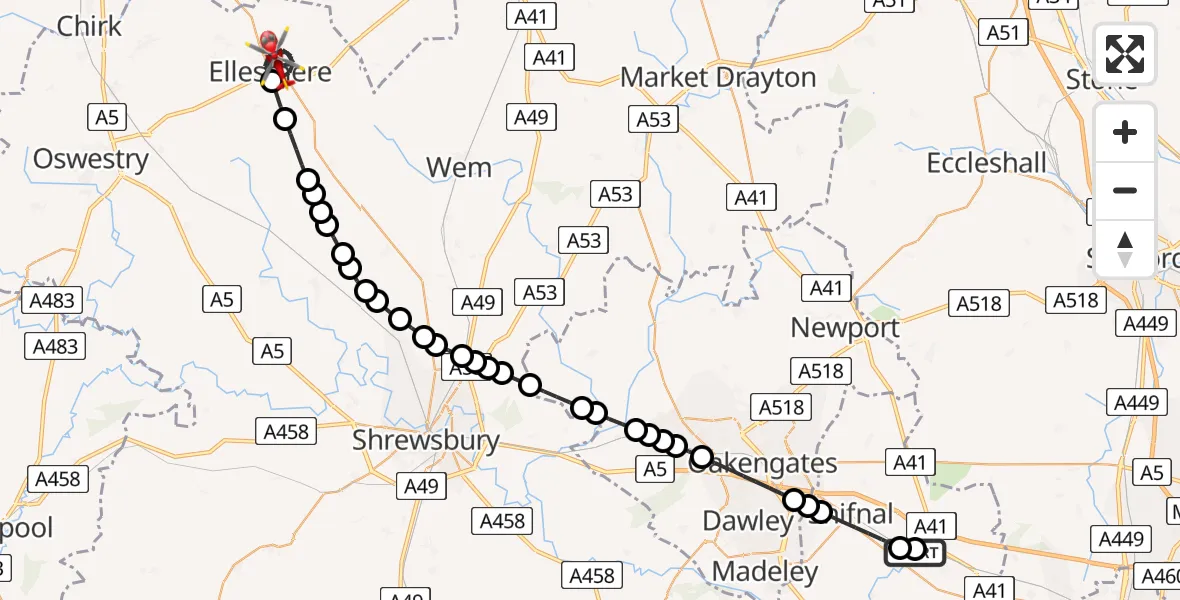 Flight route Air Ambulance Helicopter RAF Cosford - Ellesmere, 31 May 2026, 17:45