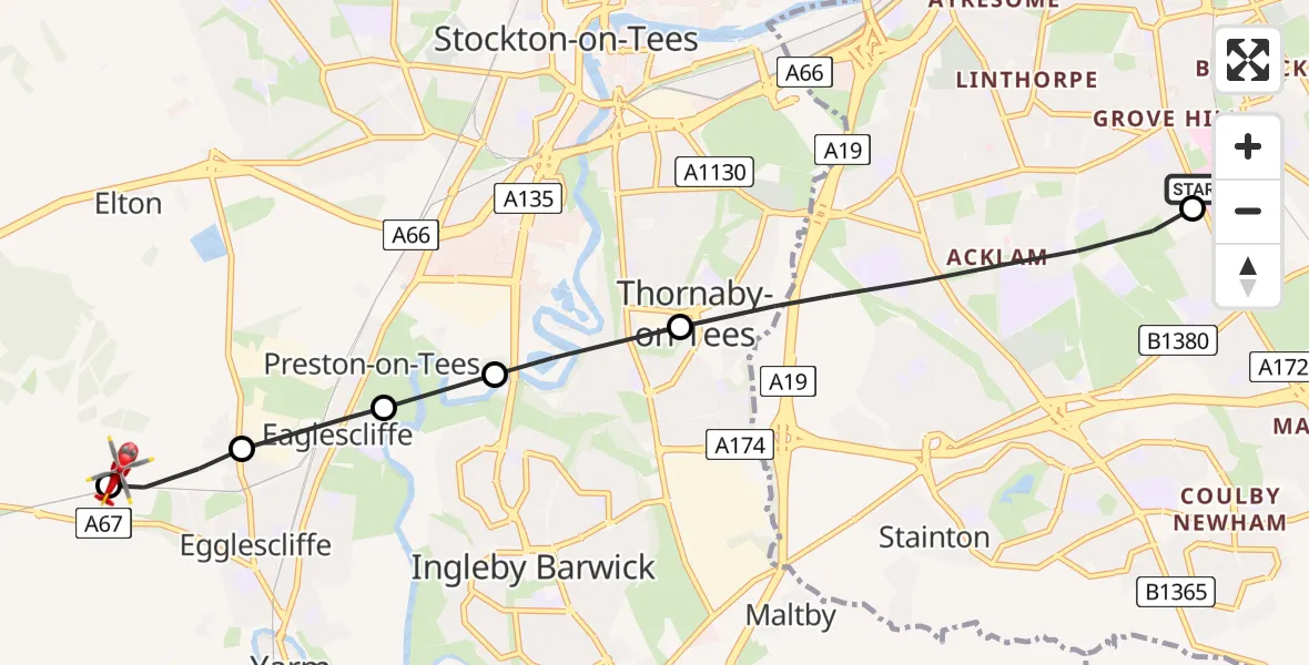 Flight route Air Ambulance Helicopter James Cook University Hospital - Egglescliffe, 31 May 2026, 17:53