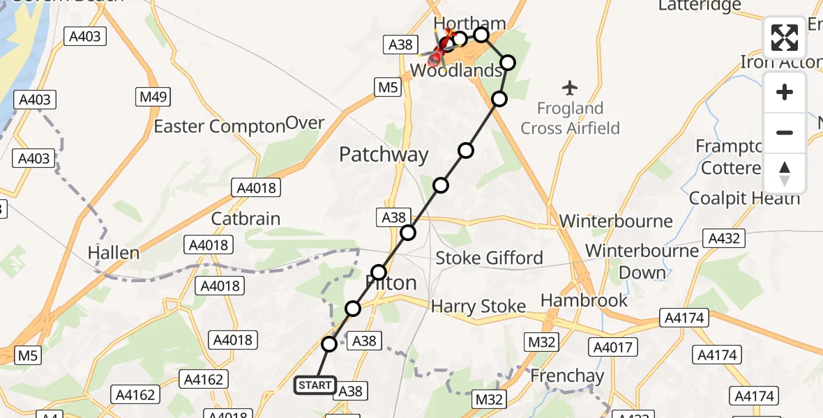 Flight route Air Ambulance Helicopter Southmead Hospital - Almondsbury Helicopter Base, 31 May 2026, 18:04