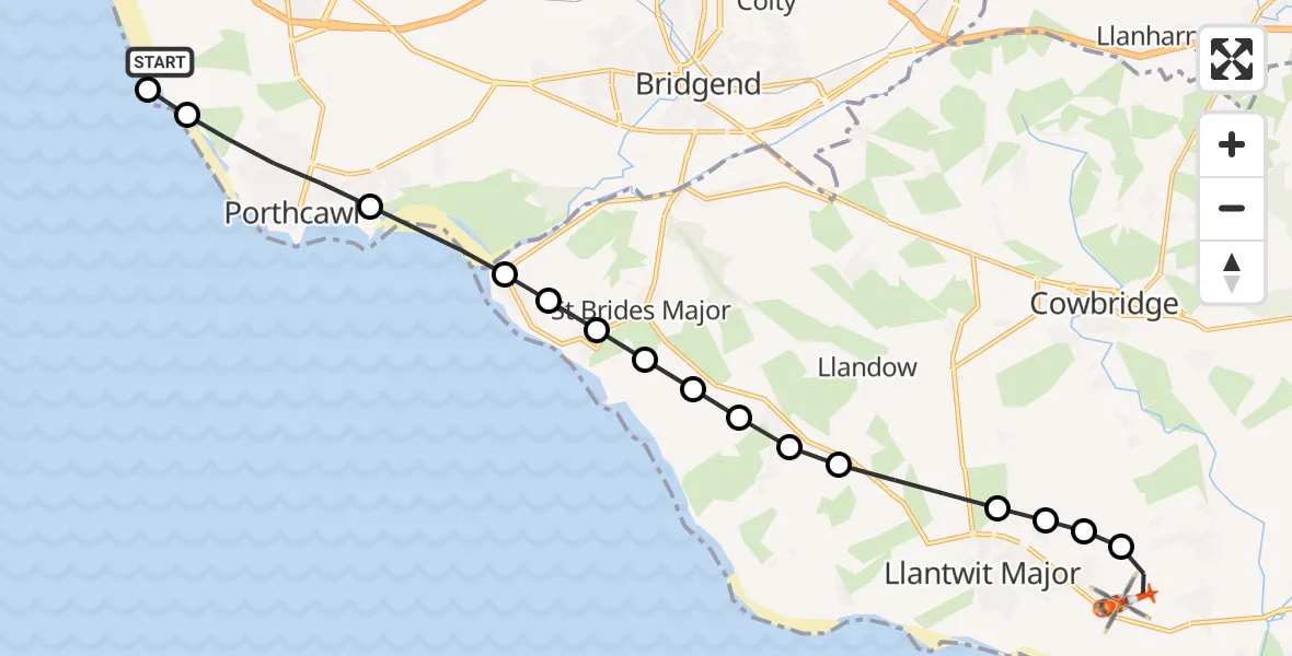 Flight route Coastguard Helicopter Porthcawl - MOD St Athan, 31 May 2026, 18:16