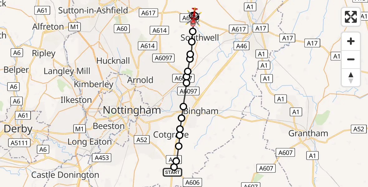 Flight route Air Ambulance Helicopter Hickling - Hockerton CP, 31 May 2026, 18:23