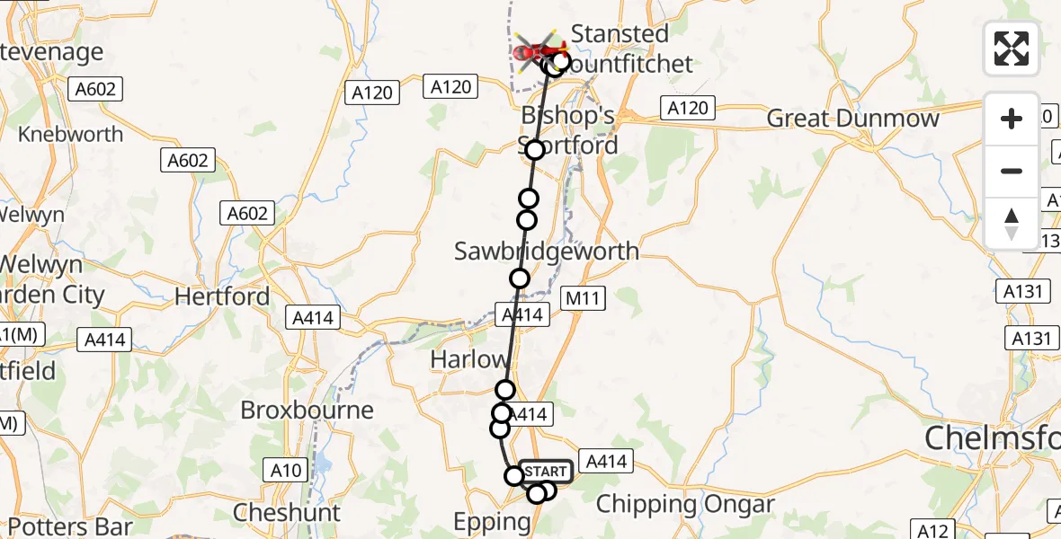 Flight route Air Ambulance Helicopter North Weald Airfield - Farnham, 31 May 2026, 18:30