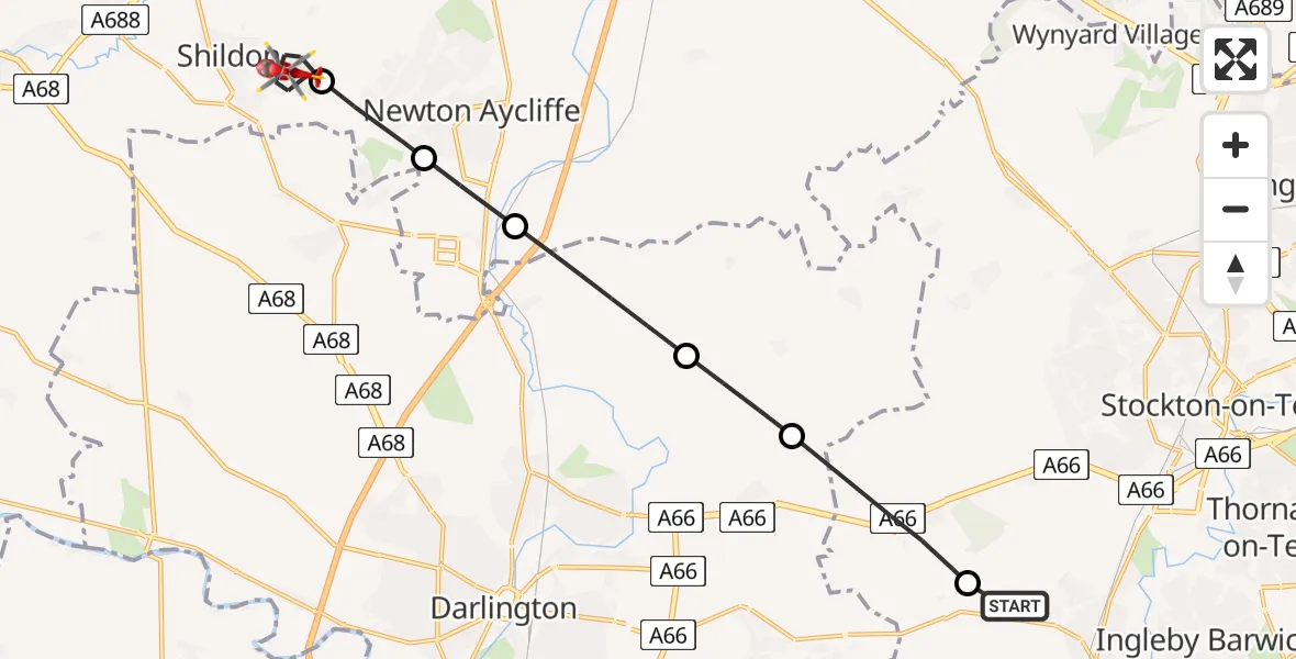 Flight route Air Ambulance Helicopter Egglescliffe - Shildon, 31 May 2026, 18:31
