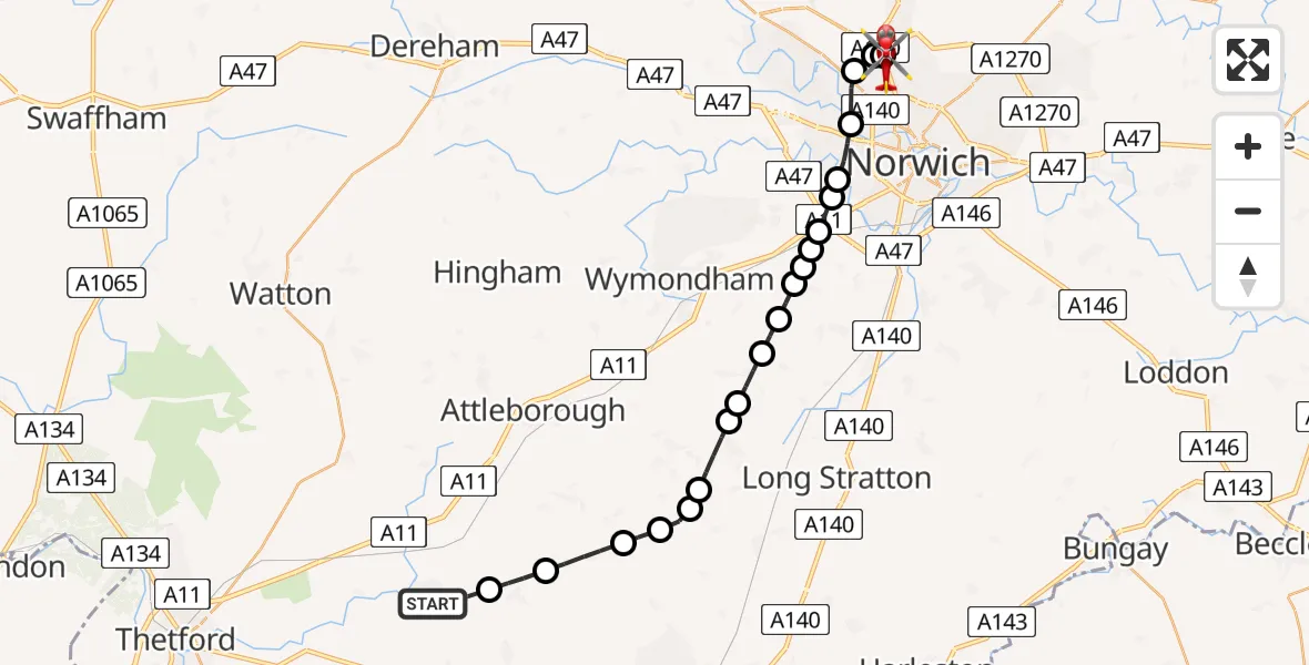 Flight route Air Ambulance Helicopter East Harling - Norwich Airport, 31 May 2026, 18:34