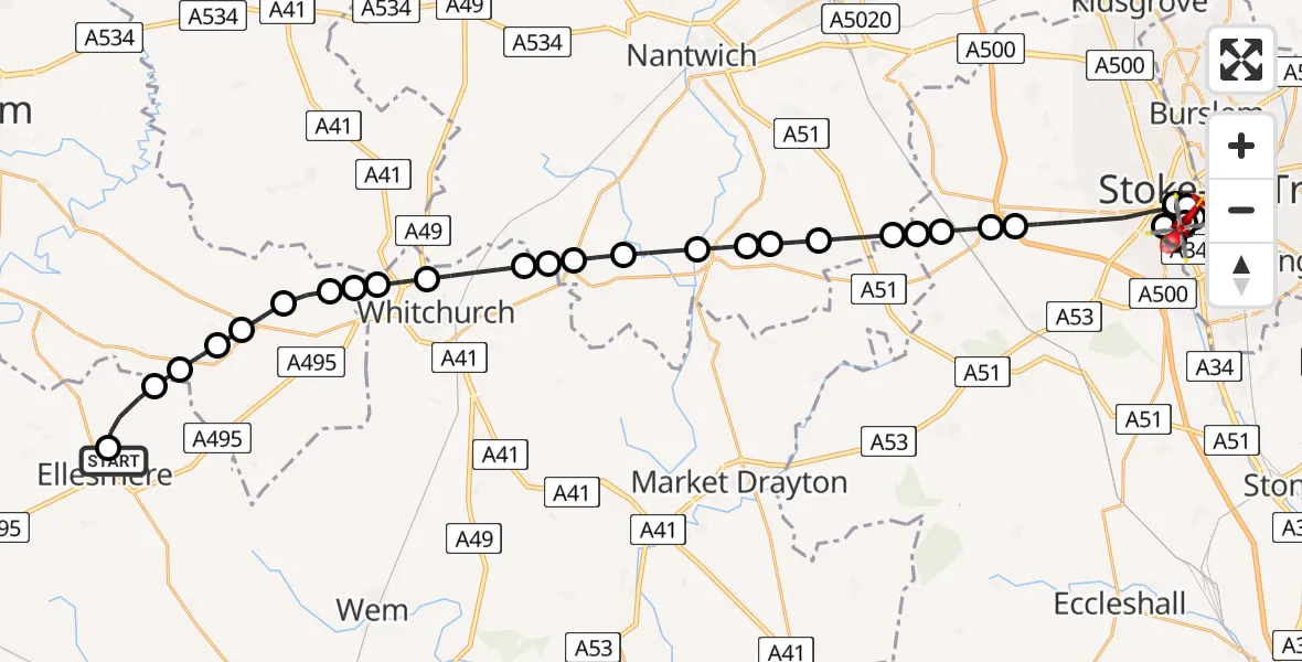 Flight route Air Ambulance Helicopter Ellesmere - University Hospital North Staffs, 31 May 2026, 18:37