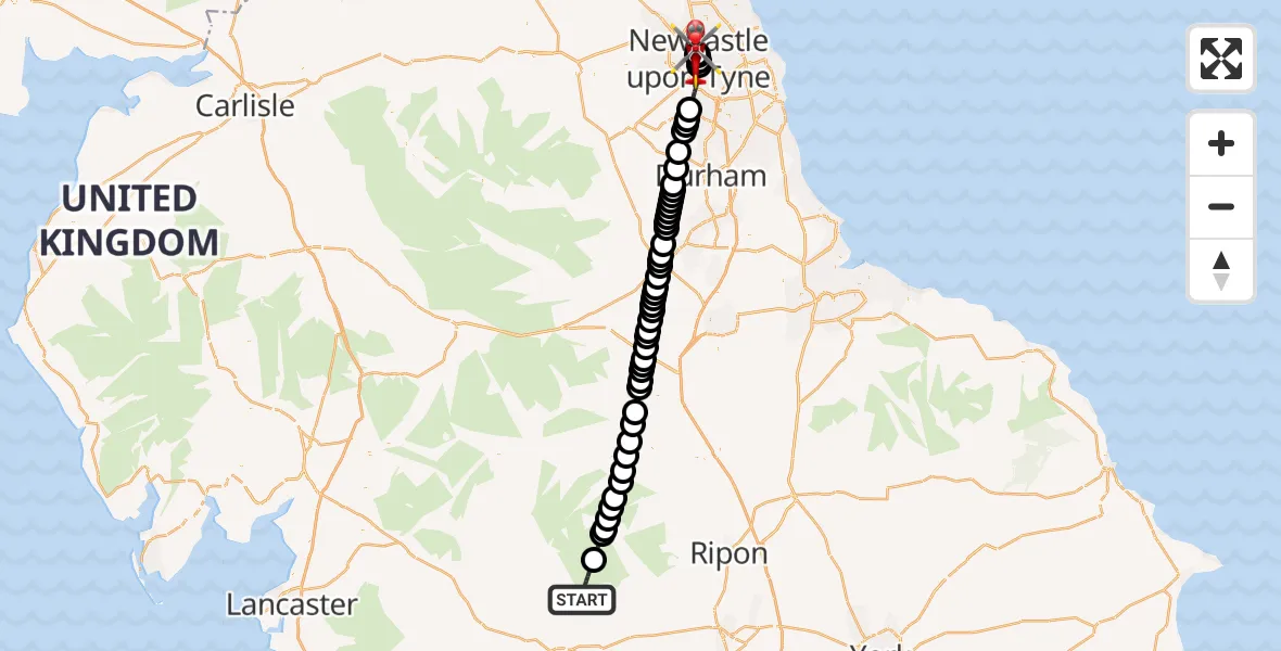 Flight route Air Ambulance Helicopter Hebden - Newcastle Royal Victoria Infirmary, 31 May 2026, 18:41