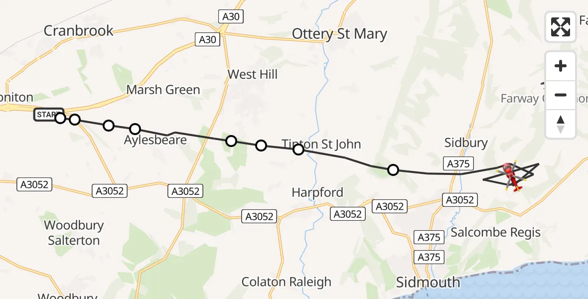 Flight route Air Ambulance Helicopter Exeter International Airport - Sidmouth, 31 May 2026, 18:49