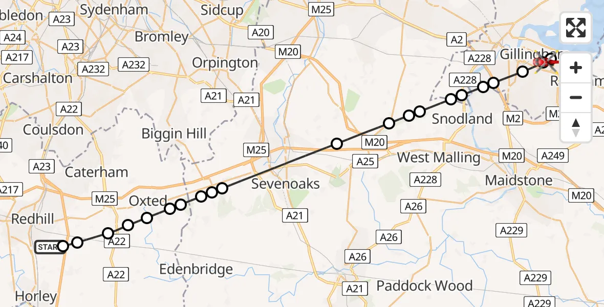 Flight route Air Ambulance Helicopter Redhill Aerodrome - Rainham, 31 May 2026, 18:49