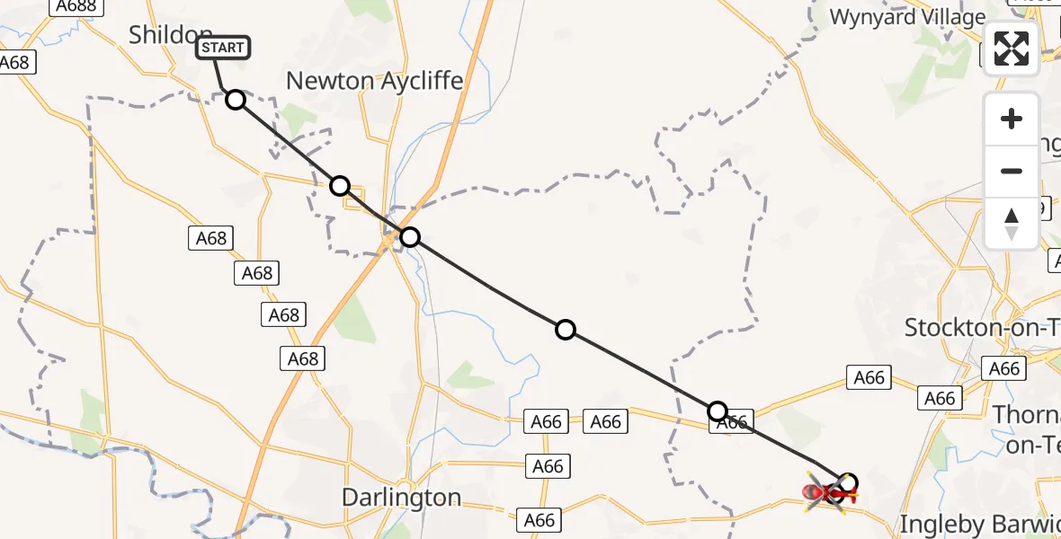 Flight route Air Ambulance Helicopter Shildon - Egglescliffe, 31 May 2026, 18:53