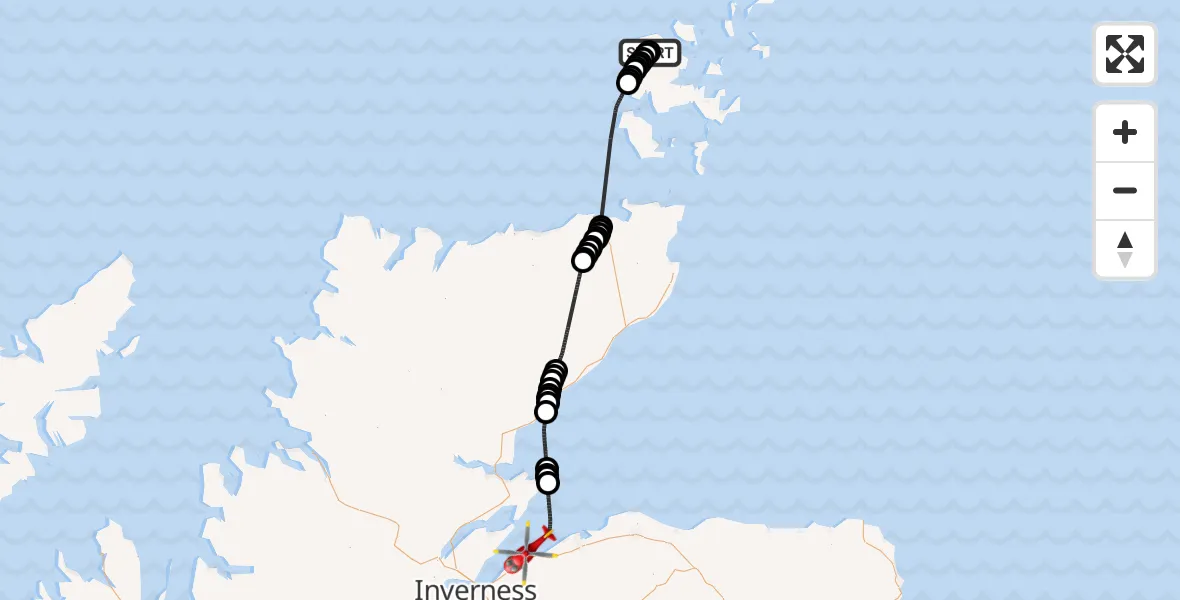 Flight route Air Ambulance Helicopter Dounby - North Sea, 31 May 2026, 18:57
