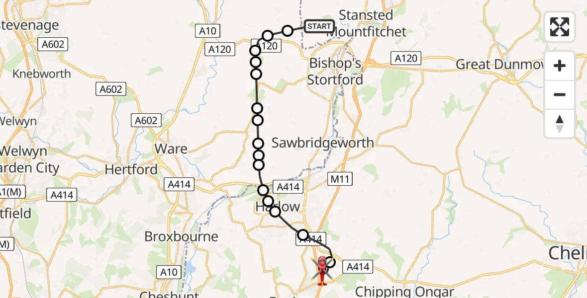 Flight route Air Ambulance Helicopter Farnham - North Weald Airfield, 31 May 2026, 19:03
