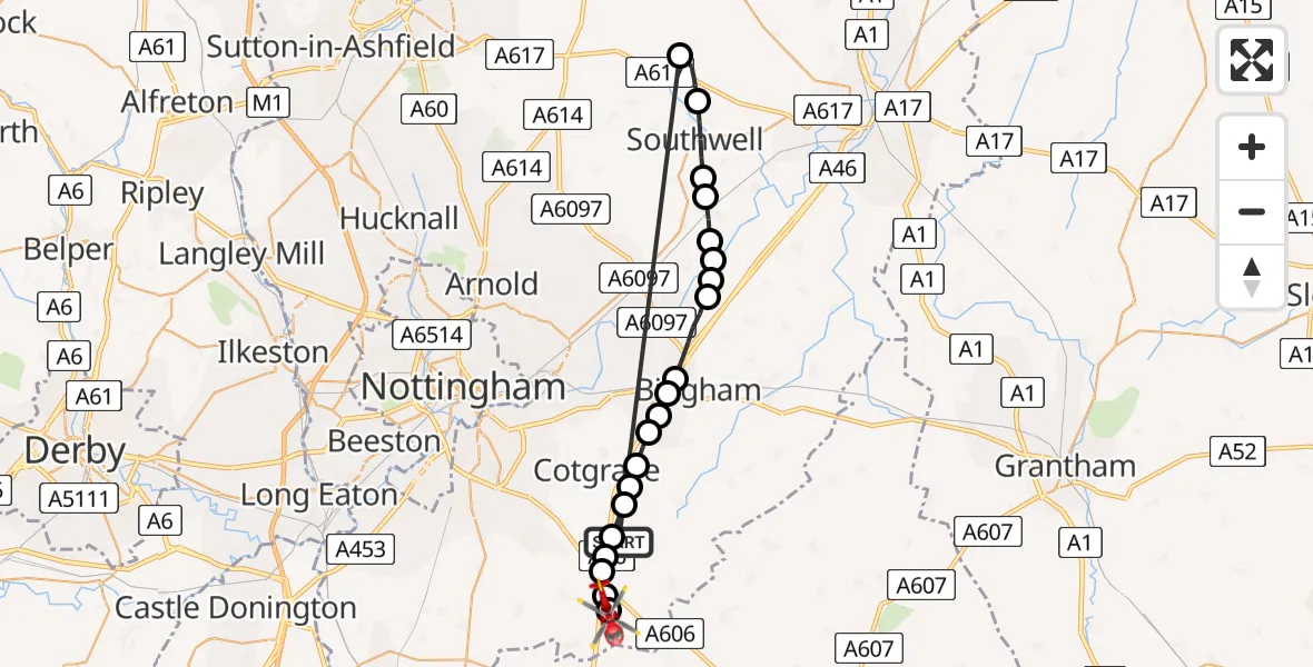 Flight route Air Ambulance Helicopter Kinoulton - Nottingham Heliport, 31 May 2026, 19:20