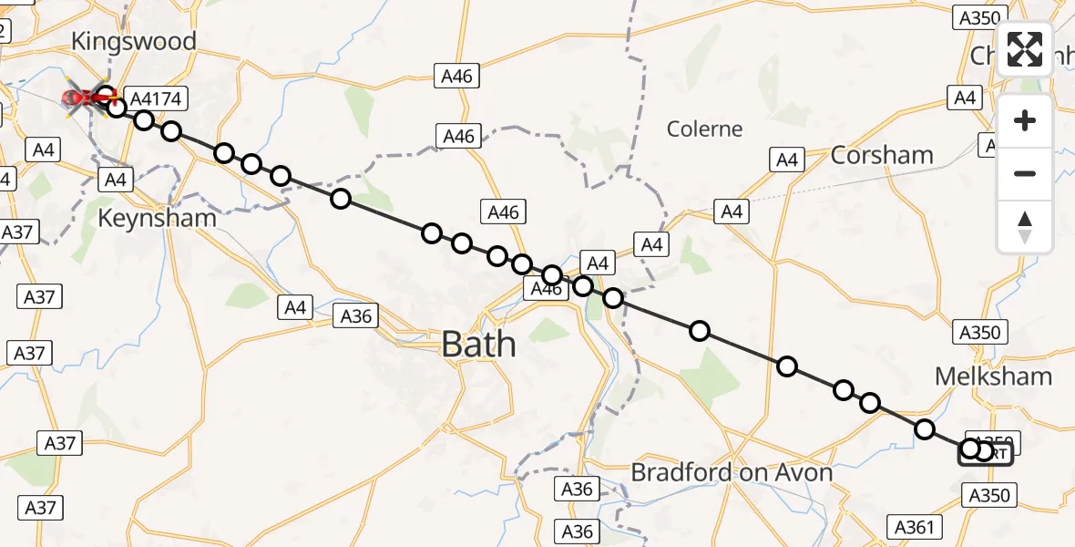Flight route Air Ambulance Helicopter Wiltshire Air Ambulance - Kingswood, 31 May 2026, 19:21