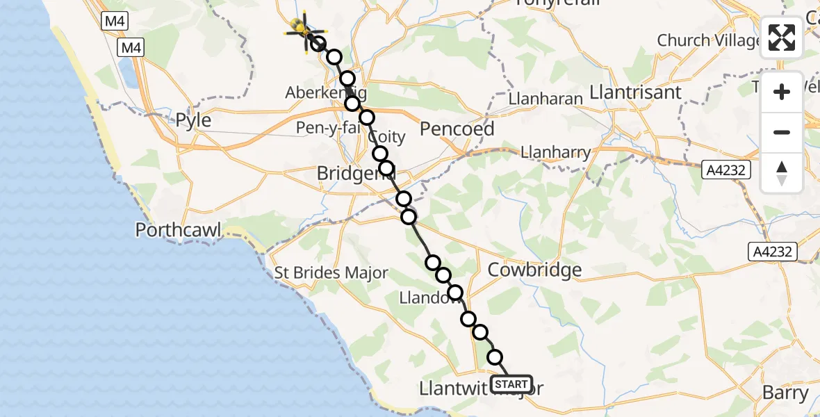 Flight route Police Helicopter Boverton - Coytrahen, 31 May 2026, 19:28