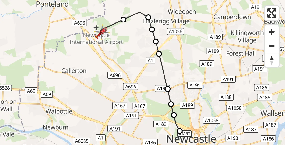 Flight route Air Ambulance Helicopter Newcastle Royal Victoria Infirmary - Newcastle International Airport, 31 May 2026, 19:42