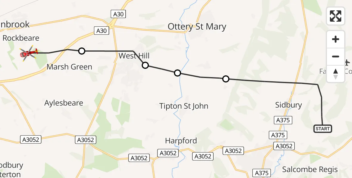 Flight route Air Ambulance Helicopter Sidmouth - Rockbeare, 31 May 2026, 19:43