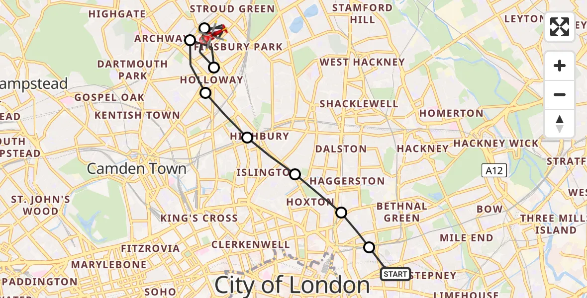 Flight route Air Ambulance Helicopter Royal London Hospital - Finsbury Park, 31 May 2026, 19:44