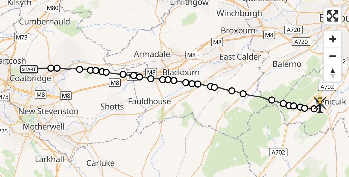 Flight route Police Helicopter Coatbridge - Penicuik, 31 May 2026, 19:46
