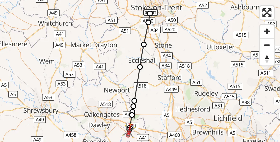 Flight route Air Ambulance Helicopter University Hospital North Staffs - Tong, 31 May 2026, 19:48