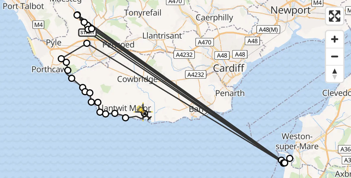 Flight route Police Helicopter Tondu - MOD St Athan, 31 May 2026, 19:53