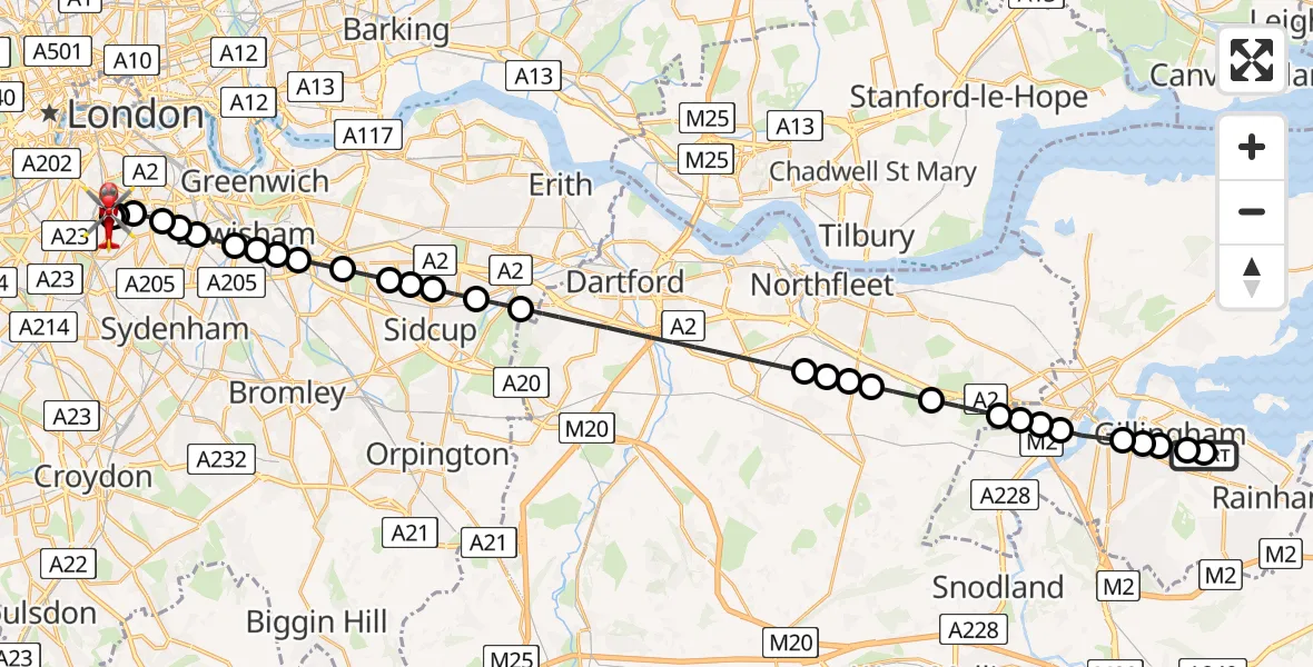 Flight route Air Ambulance Helicopter Gillingham - Kings College London Hospital, 31 May 2026, 20:02