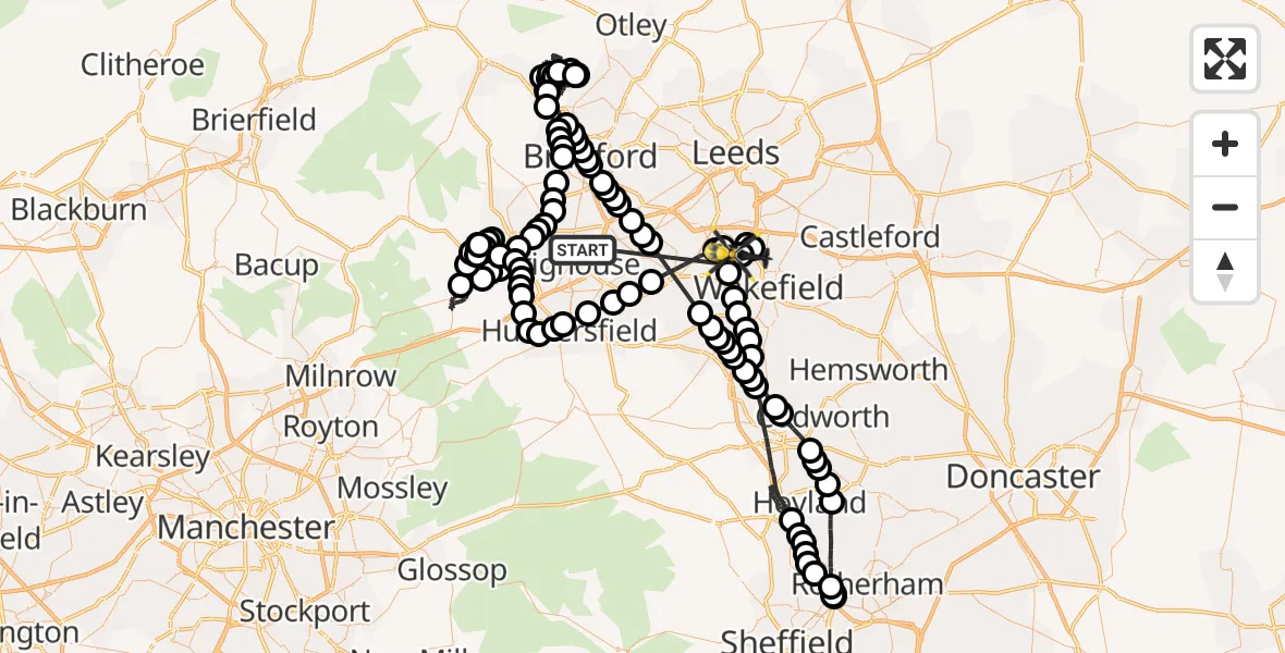 Flight route Police Helicopter Bailiff Bridge - East Ardsley, 31 May 2026, 20:04