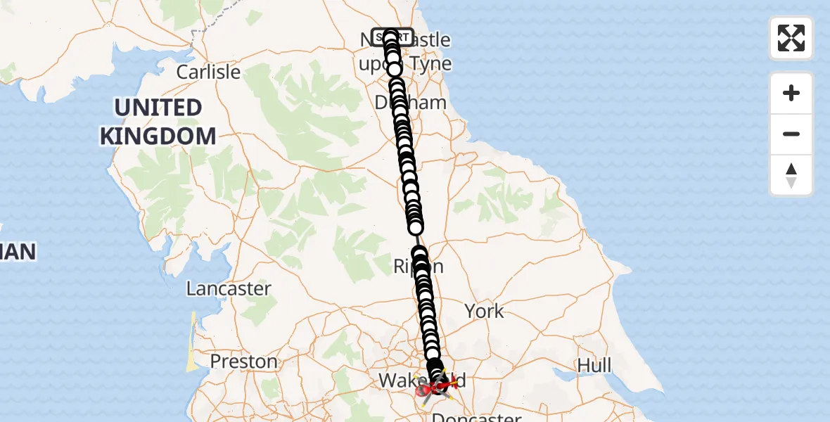 Flight route Air Ambulance Helicopter Newcastle International Airport - YAA Nostell Helicopter Port, 31 May 2026, 20:05