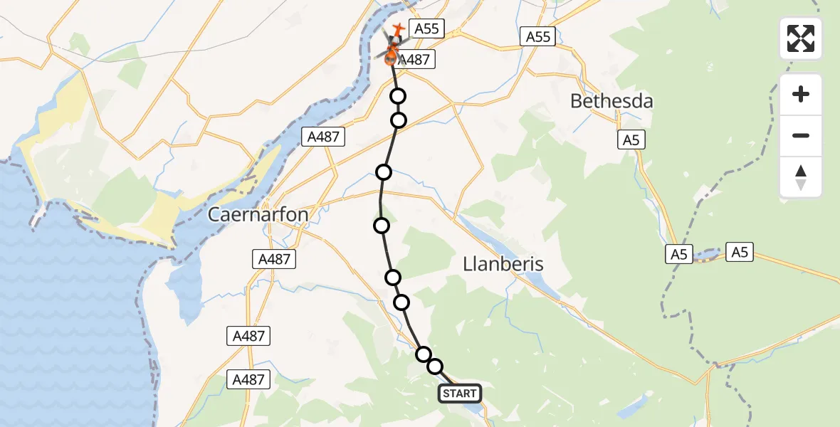 Flight route Coastguard Helicopter Betws Garmon - Aber Pwll, 31 May 2026, 20:09