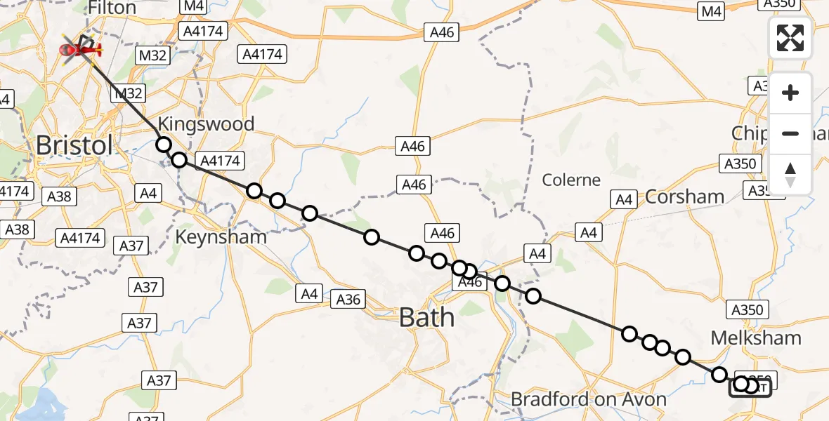 Flight route Air Ambulance Helicopter Wiltshire Air Ambulance - Bristol, 31 May 2026, 20:09