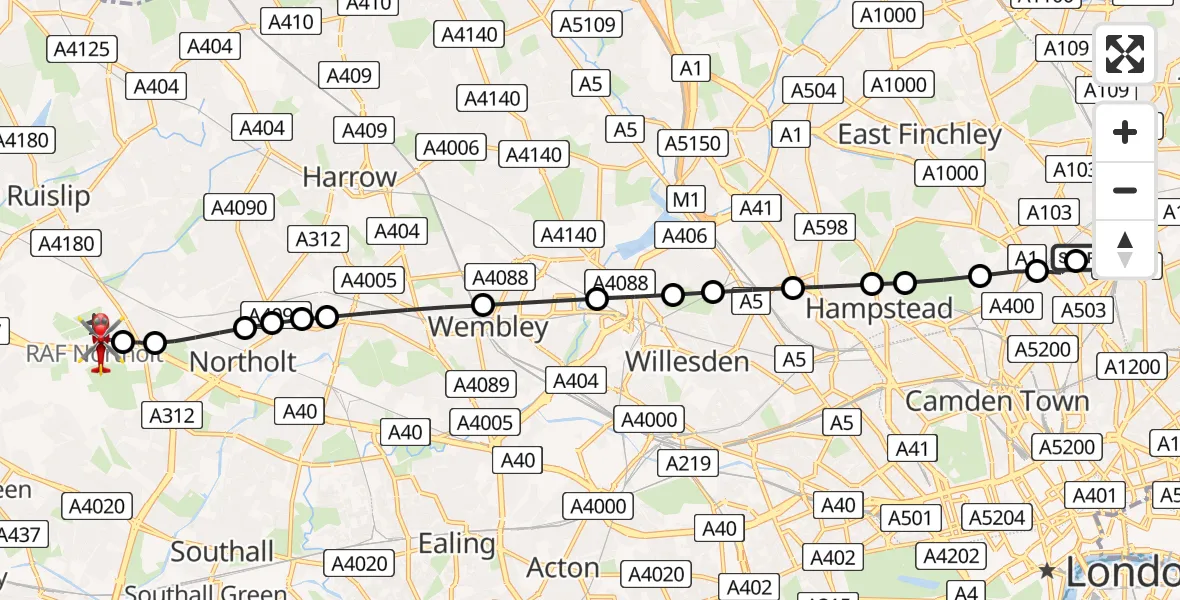 Flight route Air Ambulance Helicopter Finsbury Park - RAF Northolt, 31 May 2026, 20:13