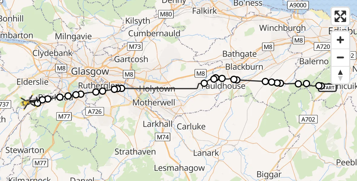 Flight route Police Helicopter Silverburn - Uplawmoor, 31 May 2026, 20:25