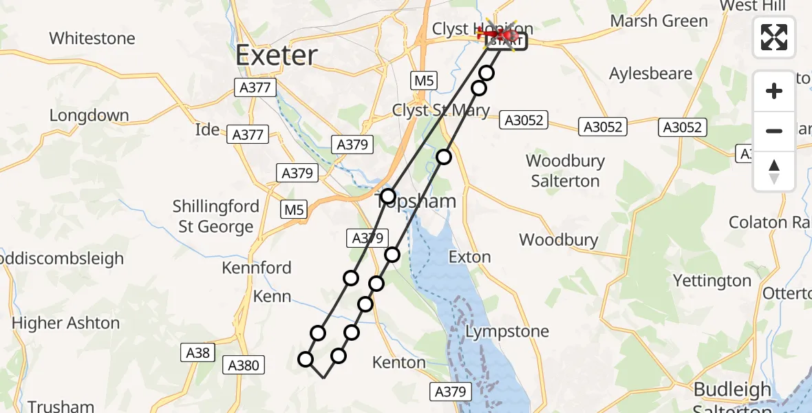 Flight route Air Ambulance Helicopter Exeter International Airport - Clyst Honiton, 31 May 2026, 20:24