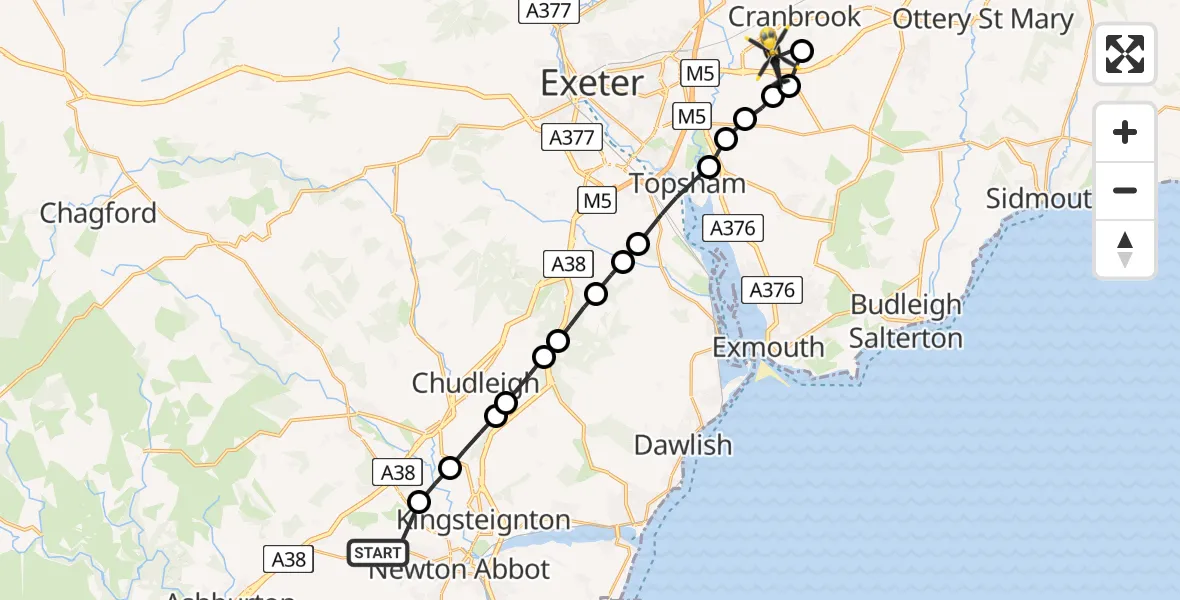 Flight route Police Helicopter Newton Abbot - Exeter International Airport, 31 May 2026, 20:39