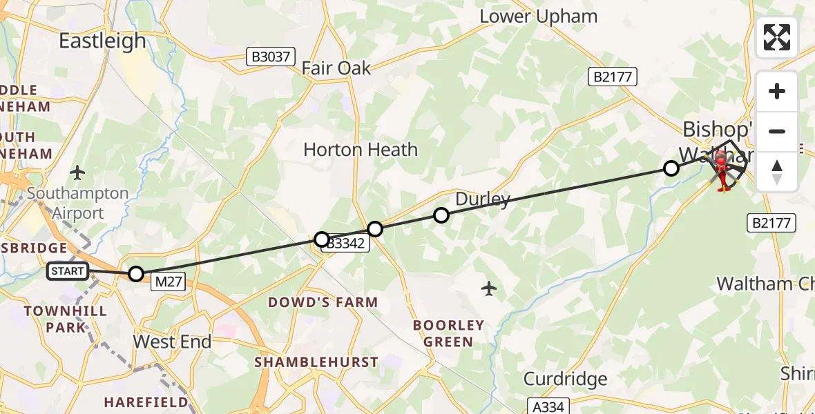 Flight route Air Ambulance Helicopter Townhill Park - Bishop's Waltham, 31 May 2026, 20:41