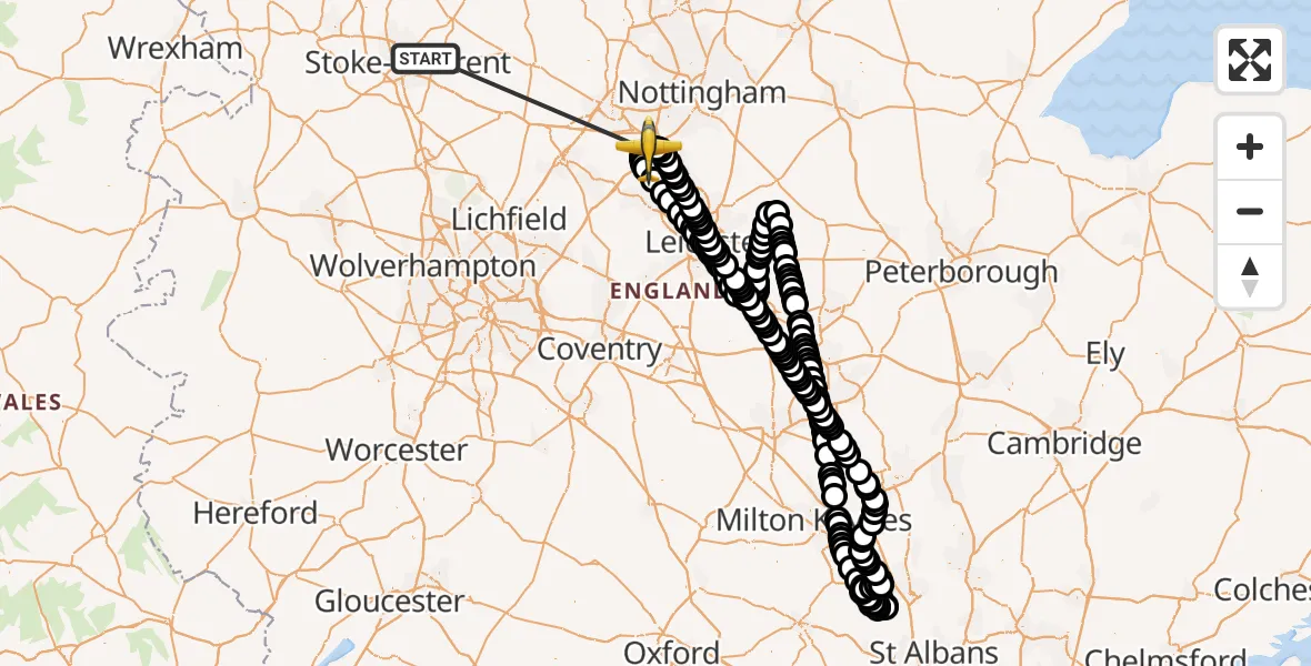 Flight route Police Aircraft Staffordshire Moorlands - East Midlands Airport, 31 May 2026, 21:07