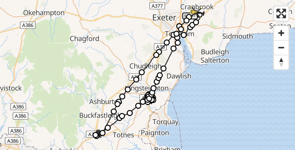Flight route Police Helicopter Exeter International Airport - Rockbeare, 31 May 2026, 21:16