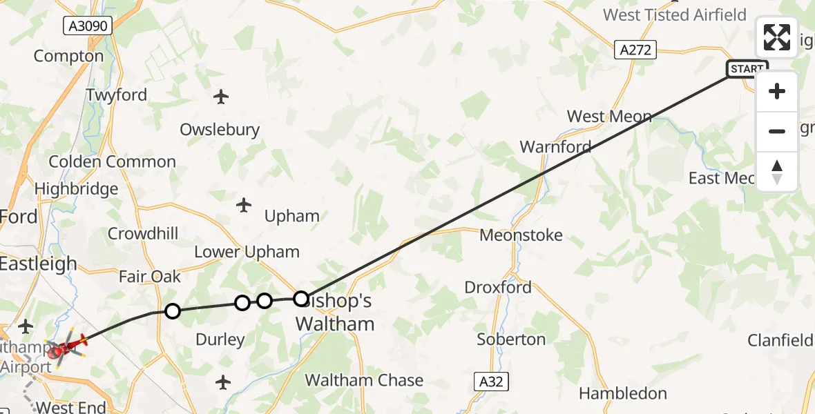 Flight route Air Ambulance Helicopter High Cross - Eastleigh, 31 May 2026, 21:23