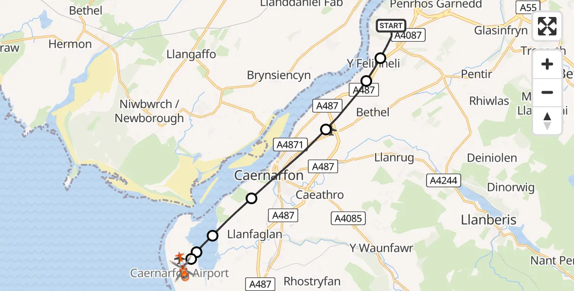 Flight route Coastguard Helicopter Aber Pwll - Caernarfon Airport, 31 May 2026, 21:28