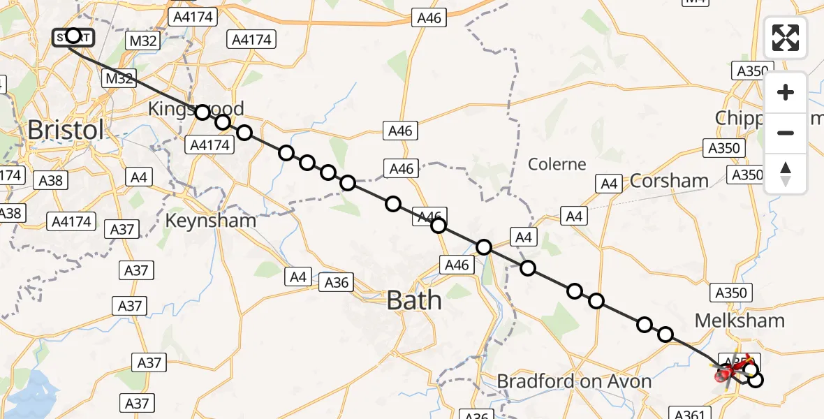 Flight route Air Ambulance Helicopter Southmead Hospital - Melksham, 31 May 2026, 21:30
