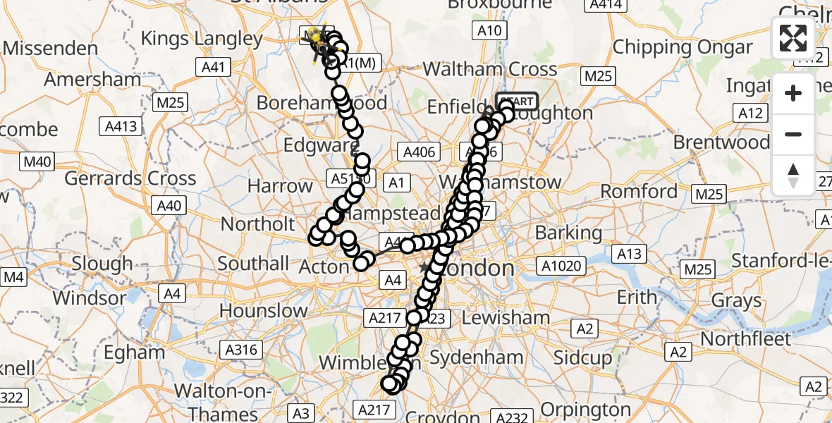 Flight route Police Helicopter Sewardstonebury - Hertfordshire Microlight Club London Colney Airstrip, 31 May 2026, 21:32