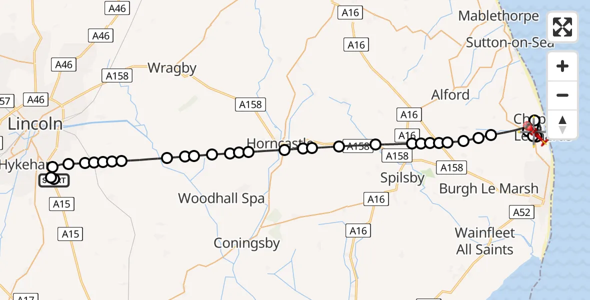 Flight route Air Ambulance Helicopter RAF Waddington - Chapel St Leonards, 31 May 2026, 21:55
