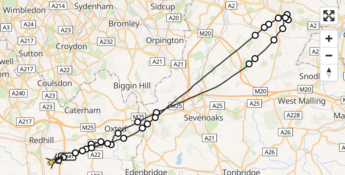 Flight route Police Helicopter South Nutfield - Redhill Aerodrome, 31 May 2026, 21:56