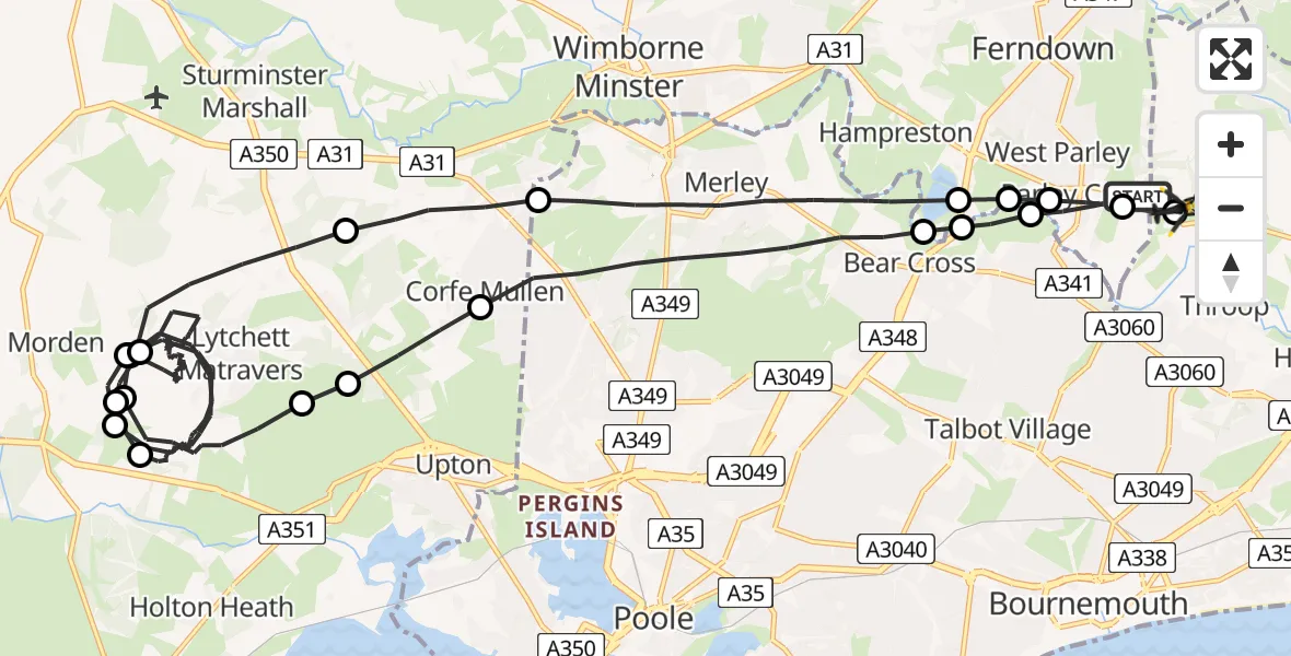 Flight route Police Helicopter Parley Cross - Bournemouth Airport, 31 May 2026, 22:08
