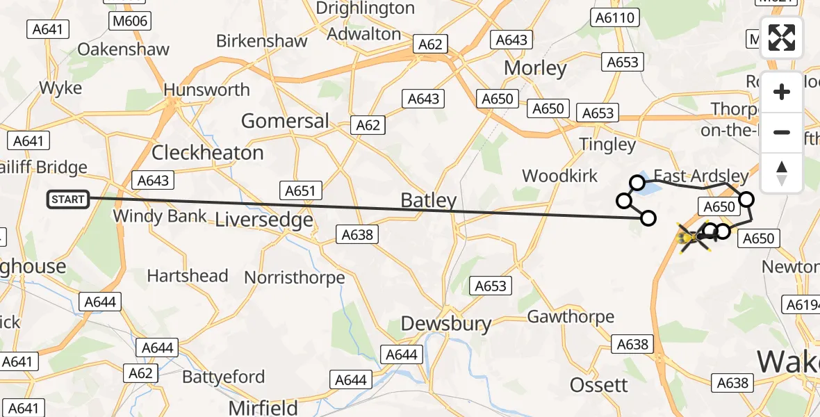 Flight route Police Helicopter Bailiff Bridge - Brandy Carr, 31 May 2026, 22:17