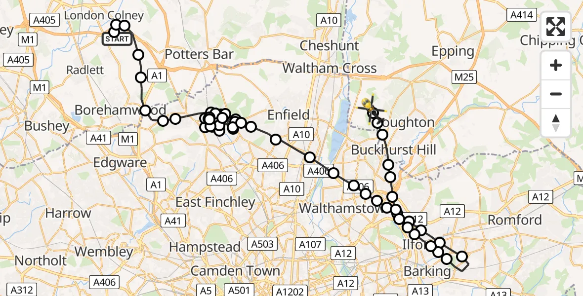 Flight route Police Helicopter Hertfordshire Microlight Club London Colney Airstrip - Metropolitan Police Air Support Unit Lippitts Hill, 31 May 2026, 22:39
