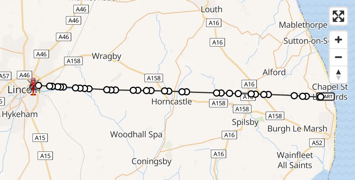 Flight route Air Ambulance Helicopter Chapel St Leonards - Lincoln, 31 May 2026, 23:19